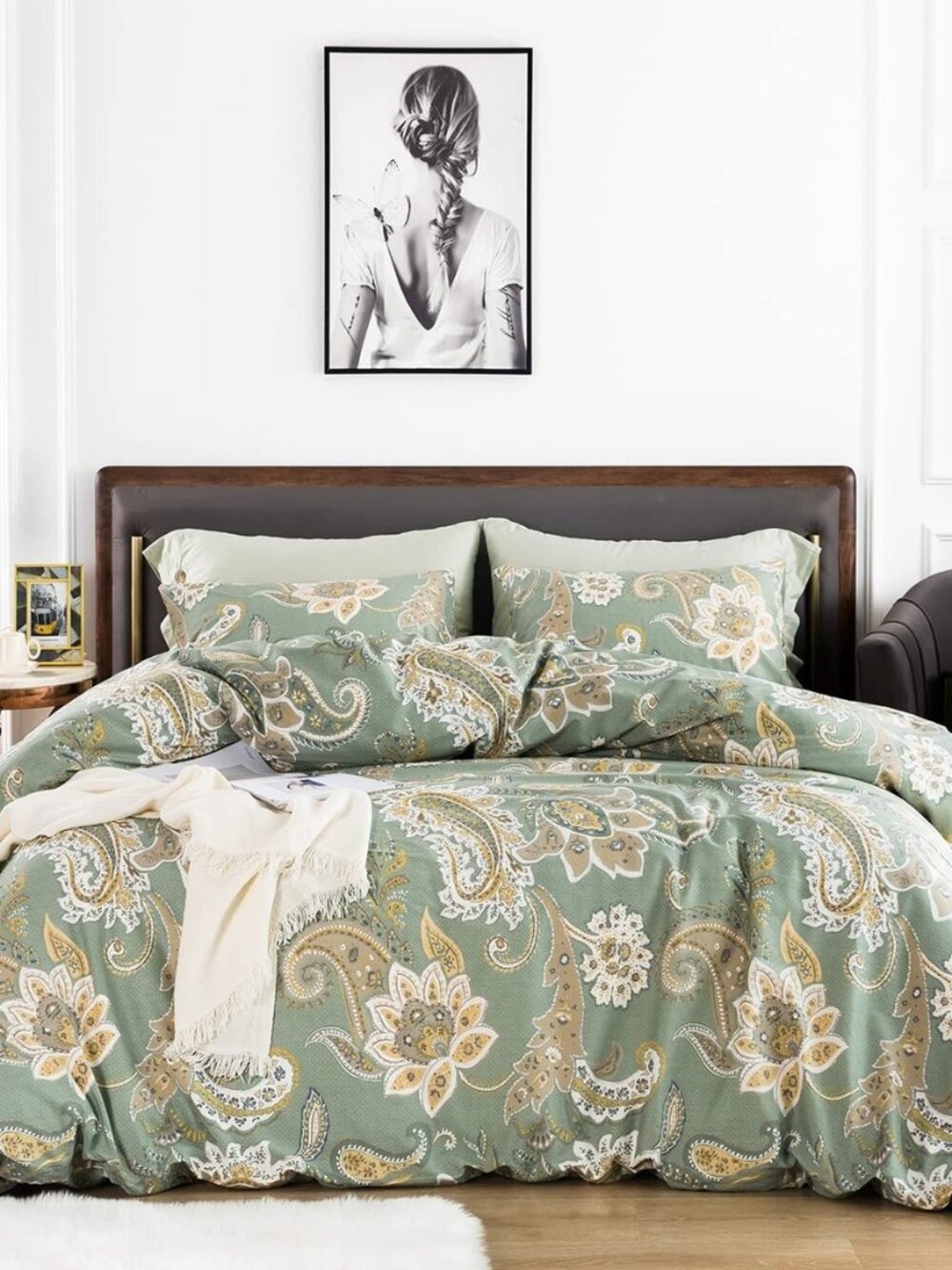 Sage Green Paisley Duvet Cover Queen 100% Cotton 3 Pcs Set